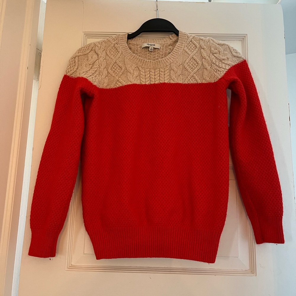 Madewell Red and Cream Cable Knit Sweater